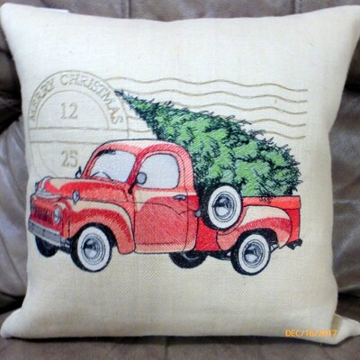 Red Truck pillow cover, Embroidered Truck Christmas pillow cover - image5